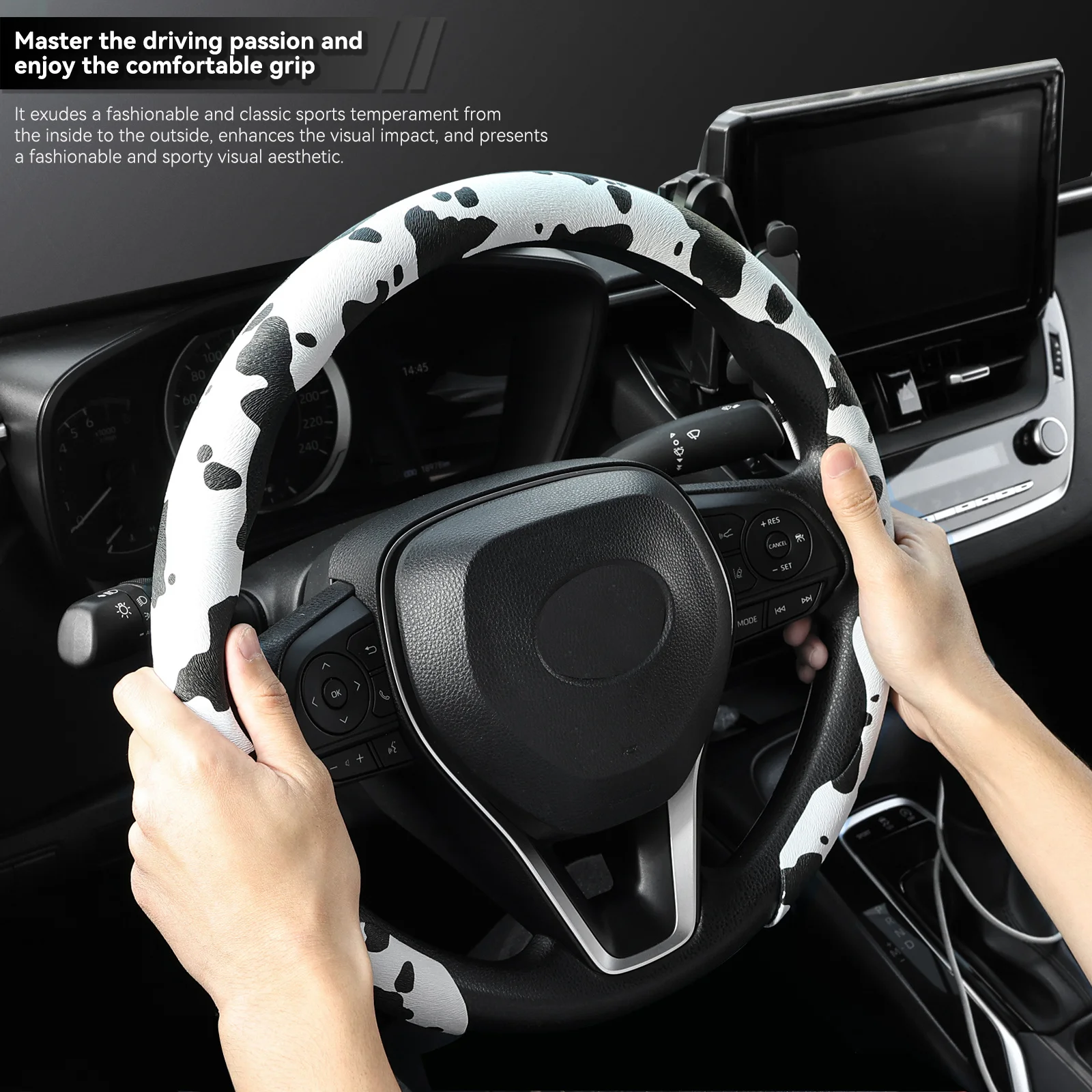 Universal Car Steering Wheel Cover Cow Print for O/D Type 14 1/2-15 inch Breathable Non-Slip Auto Interior Accessories