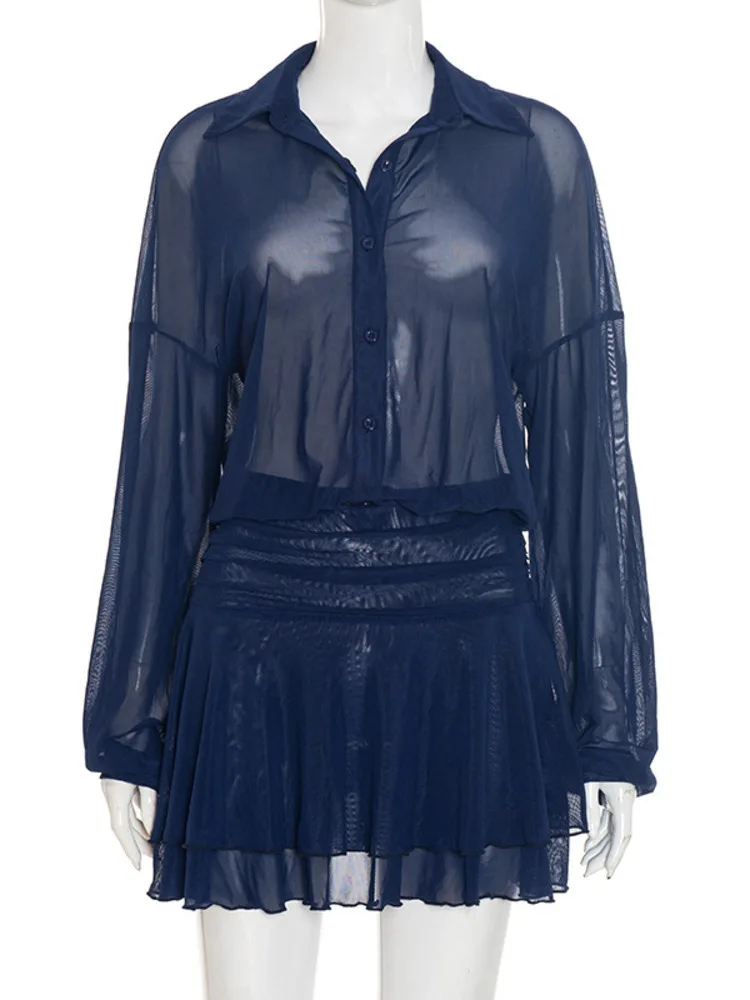 Mozision Mesh See Through Manica lunga Mini abito sexy Donna Elegante colletto rovesciato Abito da festa da club con volant monopetto