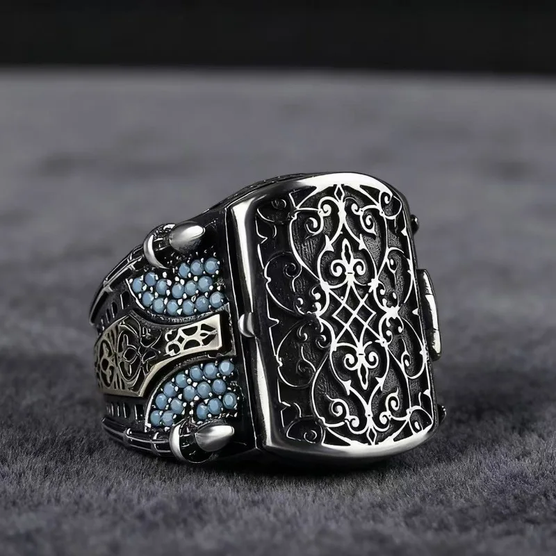 

Luxury Carved Retro Flip Ring - American Armor Shield Shape Men's Ring Full Diamond Fashion Trendy Hand Jewelry Accessory