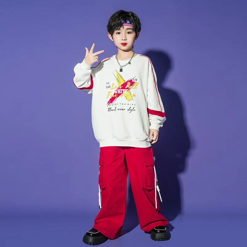 Kid Hip Hop Clothing White Letters Sweatshirt Red Casual Wide Cargo Drawstring Pants for Girls Boys Jazz Dance Costume Clothes