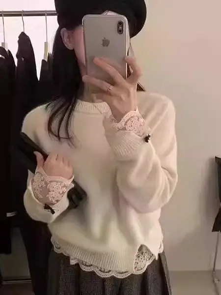 

Premium White Lace Splicing Bear Fur Knitted ort Sweater Women's Loose Fit Autumn Winter Top Soft Cozy round Ne Long Sve
