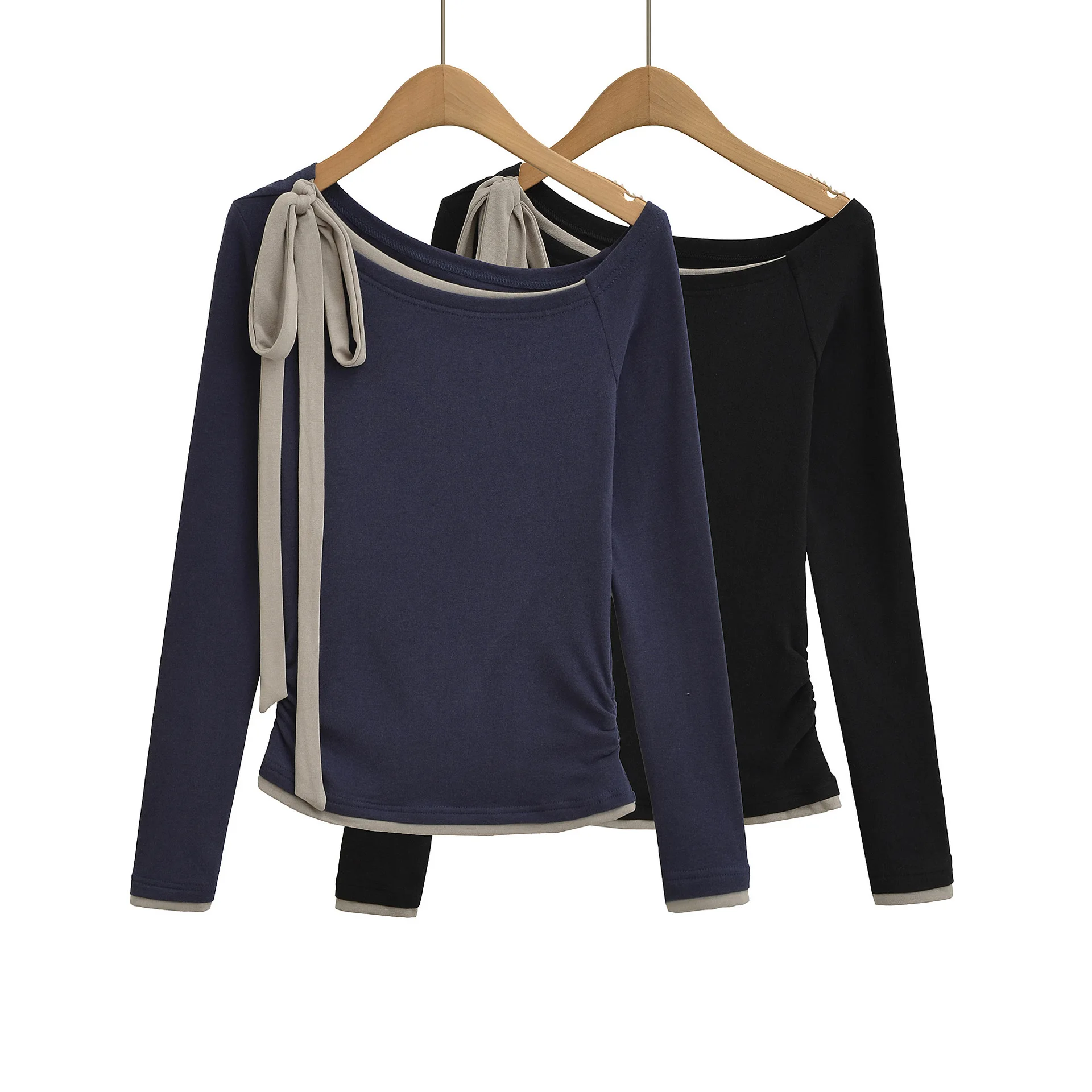 

Женская трикотажная рубашка с длинными рукавами и облегающими плечами, двухцветная базовая рубашка, осенний новый стиль, модный топ на пуговицах сбоку