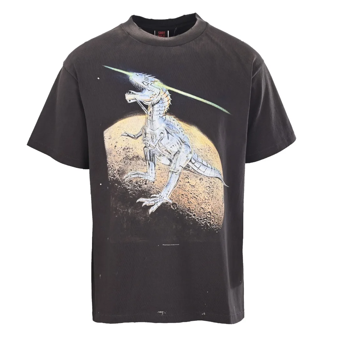 Vintage Washed Distressed Dinosaur Graphic Print Short Sleeve T‑Shirt Oversized Unisex Streetwear Loose Casual Pullover Top