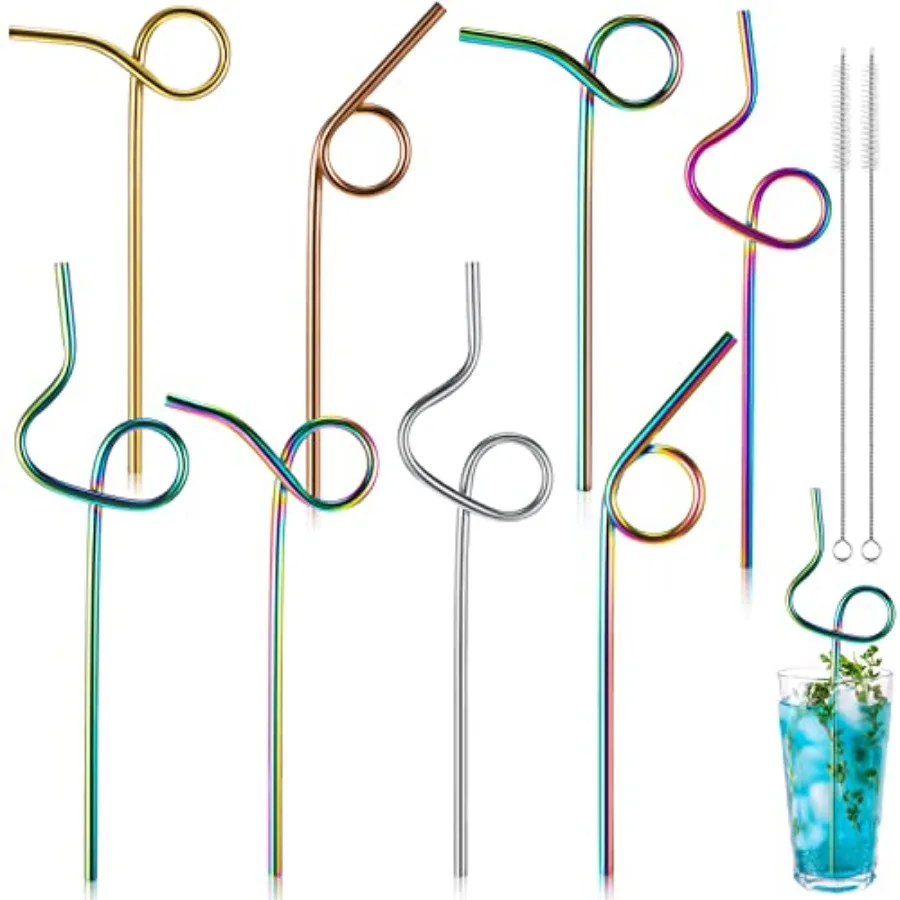 

8 Pcs Reusable Stainless Steel Straw with Design Curved Silly Straws with 2 Cleaning Brushes Multicolor Metal Drinking tubes fo