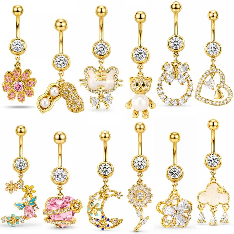 Golden Zircon Belly Button Rings Skin-Friendly Stainless Steel Charming Navel Piercing Jewelry for Women Gift