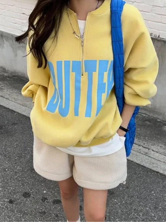 Chic Korean Style Fleece Lined Sweatshirt Warmth Printed Stand Collar Loose Fit Zipper Autumn Winter Women's Sweater