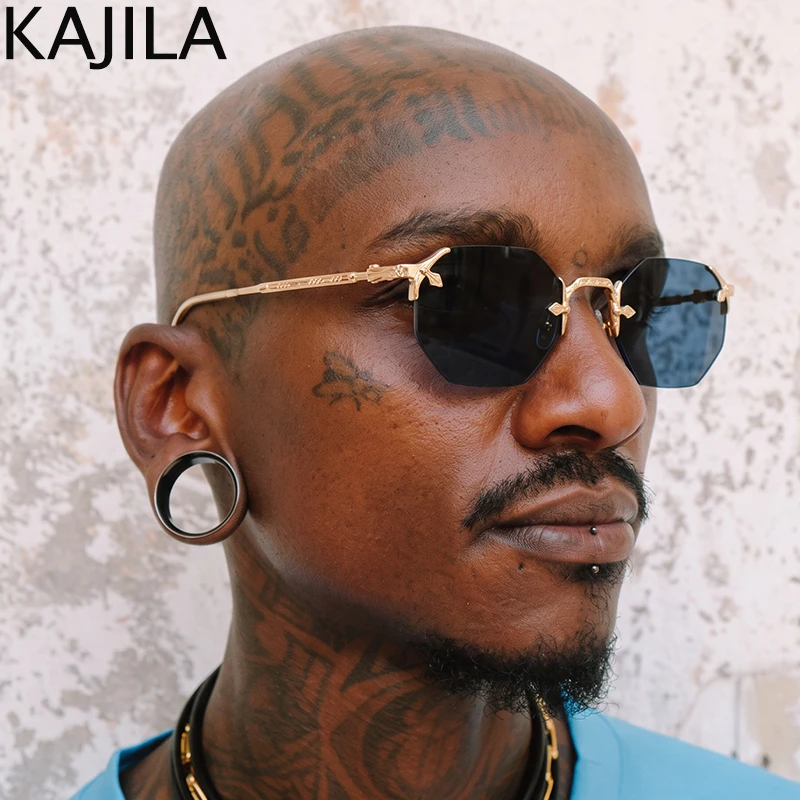 Steampunk Rimless Octagon Sunglasses Men 2026 Luxury Designer Vintage Outdoor Metal Polygon Sun Glasses For Male Y2K Punk Shades