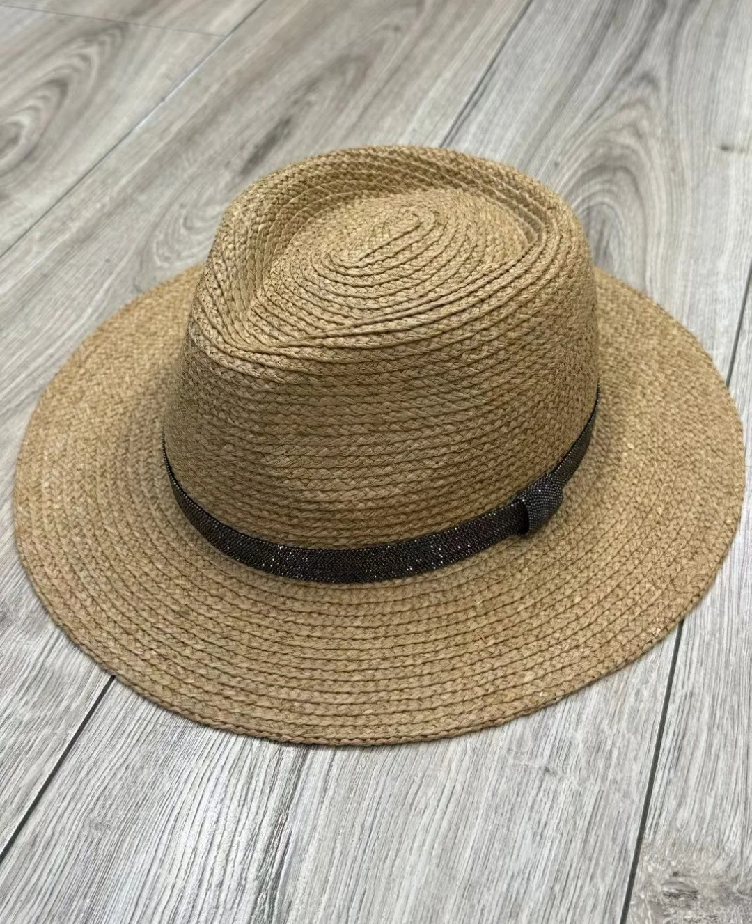 

Spring/Summer Wide-Brimmed Raffia Straw Hat with Beaded Chain—Women's Sun Protection & Beach Vacation Hat