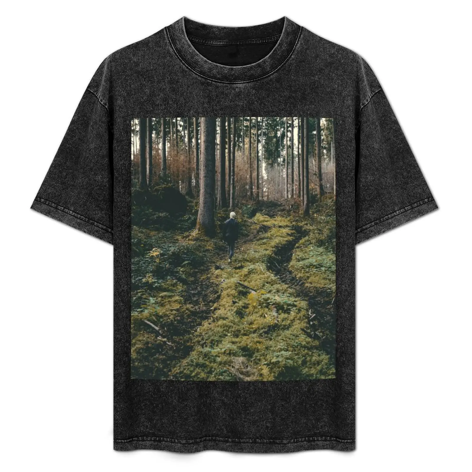 

Boy walking through mystic forest landscape photography T-Shirt Plus Size Comfort Fit Tee