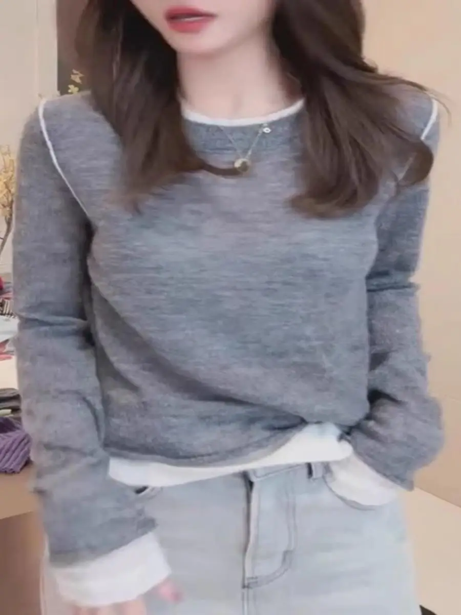 الكورية Sle الحلو اللون بلو وهمية قطعتين متماسكة سترة طويلة Sve قاعدة طبقة irt الخريف الشتاء التخسيس العصرية