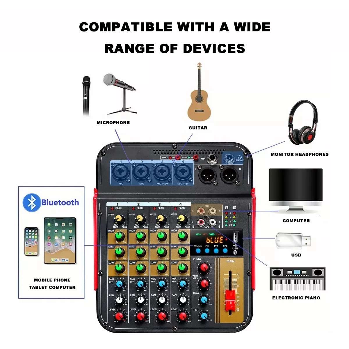 Mixer de áudio com Bluetooth e Reverb, 48V Alimentação, 6-Channel Sound Card, DJ Karaoke