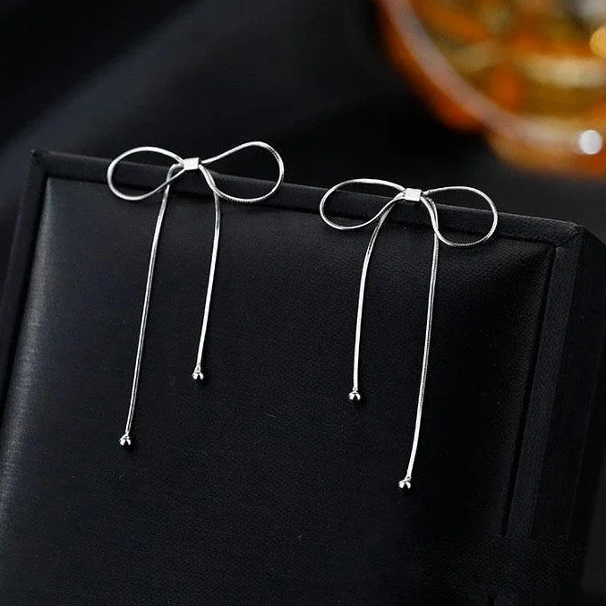 

Real 925 Sterling Silver Hollow Bowknot Bead Tassel Stud Earrings for Women Minimalist Fine Jewelry Cute Accessories