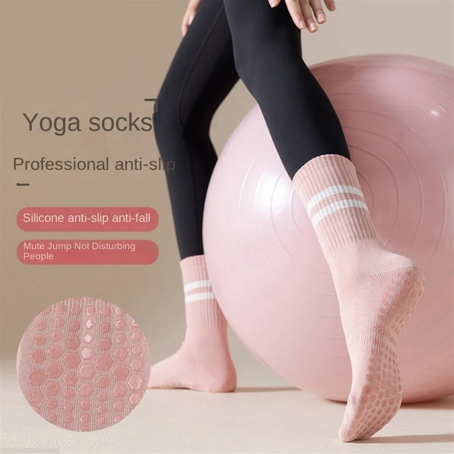 1 pair of women's yoga socks, skipping rope sports socks, Pilates indoor anti slip floor socks, double bar mid leg socks