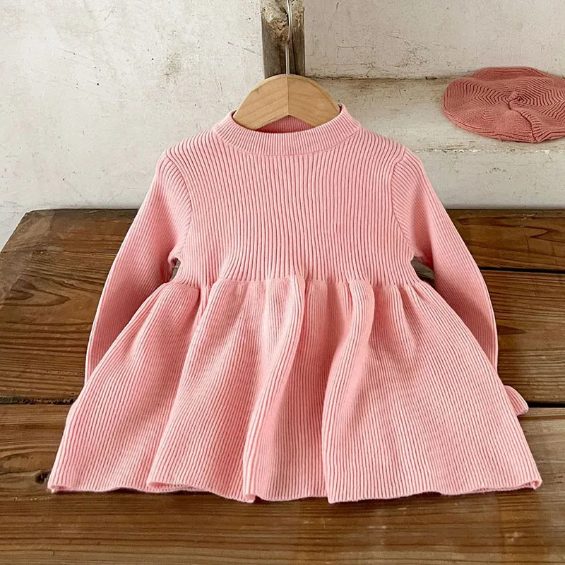 2024 New Autumn European American Style Kids Princess Dresses Long Sleeved Solid Color Knitted Dress Baby Girl Party Dress