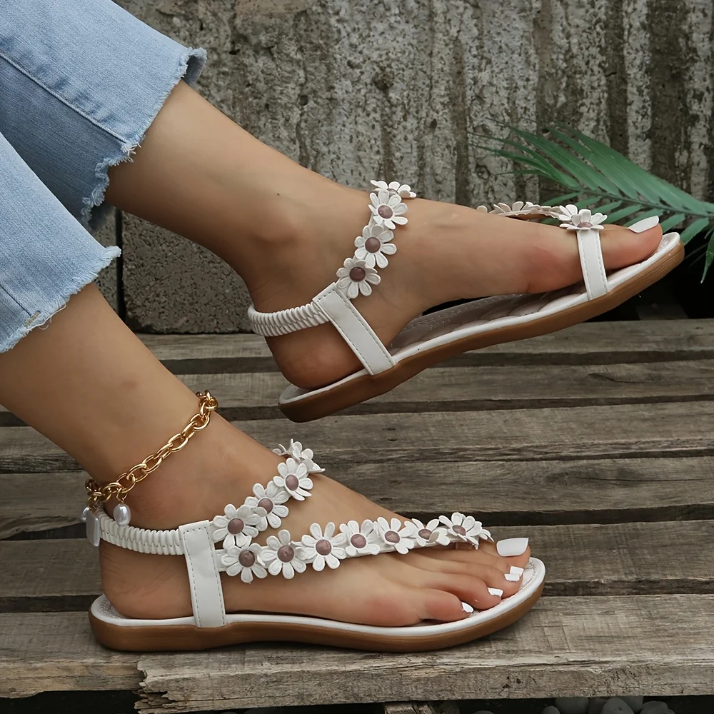 Women's Boho Flower Decor Flat Sandals Toe Loop Elastic Strap Slip On Anti-skid Shoes  Casual Beach Travel Sadals