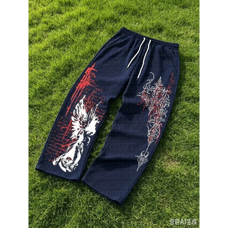 Men's Kid Casual Sports Long Pants/Cross Wings Angel Pattern Print Sweatpants/Drawstring Loose Casual Trousers/Suitable