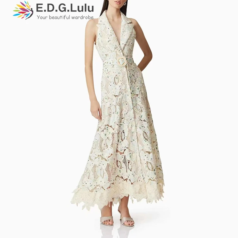 

EDGLuLu Tie Dye Heavy Industry Embroidery Lace Dress For Women Summer Turn-Down Collar Sleeveless Elegant Long Dress+Belt 0527