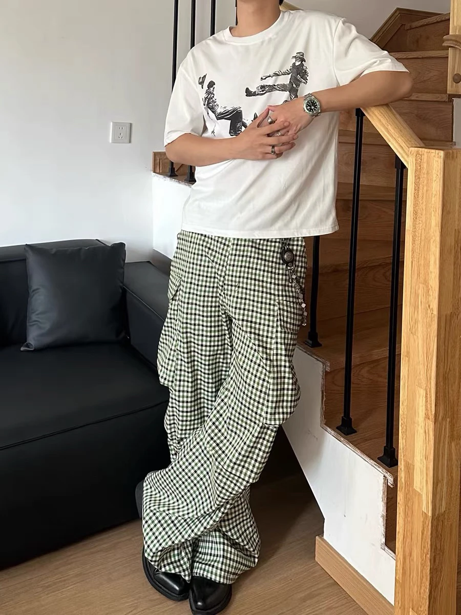 American Retro ein karierte Hose mit großen Ketten, lässige gestreifte Hose mit weitem Bein, Herren-Arbeitskleidung, Design Sensation, lange Hose
