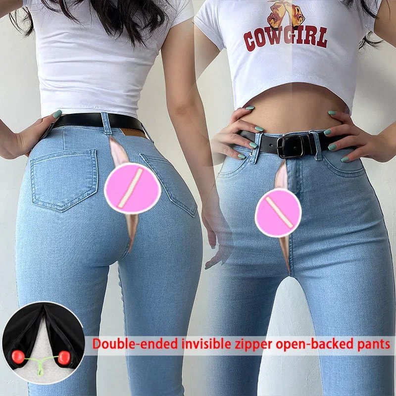 Open Crotch Outdoor Sex Pants Summer Thin  American Style Retro Denim Sexy Skinny Boyfriend Jeans for Women Peach Hip Trousers