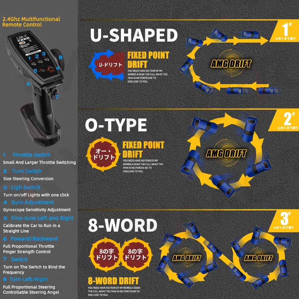 LDRC 1899 1/18 RC Drift Car LD1899 GTR Mode R34 2,4 GHz RWD con giroscopio en carretera aleación cuerpo Shell coche de carreras para niños regalos