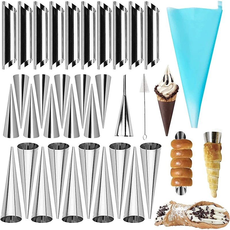 LMETJMA 33Pcs Cream Horn Mold Cannoli Forms Tubes Kit Stainless Steel Baking Cones Pastry Roll Horn Croissant Mold Sets JT163