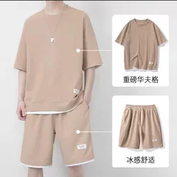 2024 Summer Solid Color Men Waffler Affordable Youth Short Sleeved Round Neck Tops Casual Loose Shorts Comfortable Two Piece Set