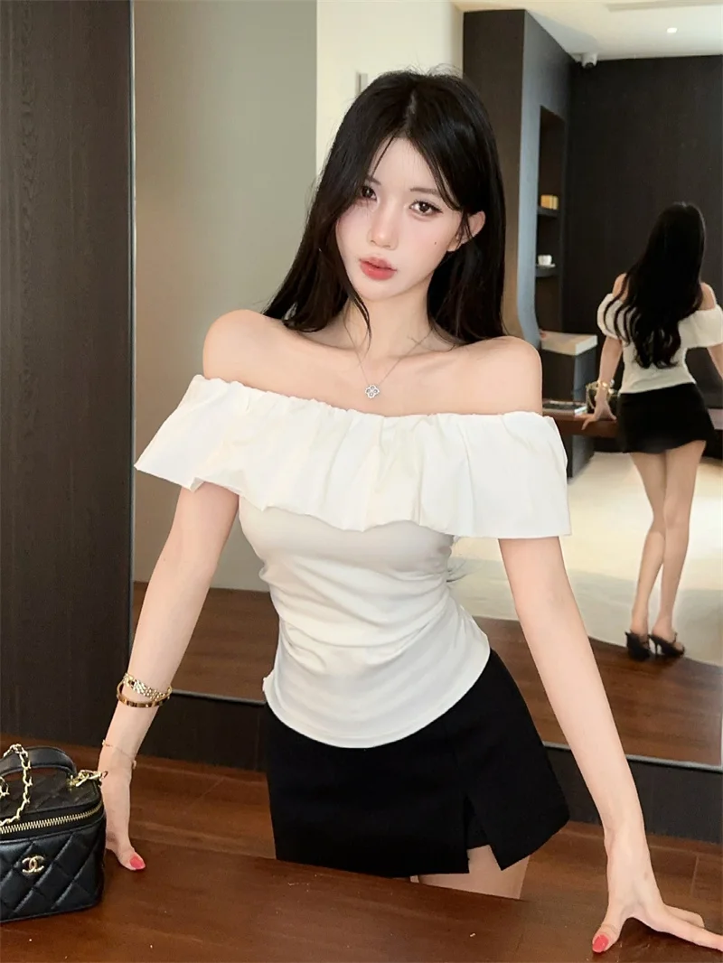

White Shoulder Bared Short Sleeve Shirt Women's Summer New Style Slimming Hem Ruffle Short Length Top Versatile Style CJ