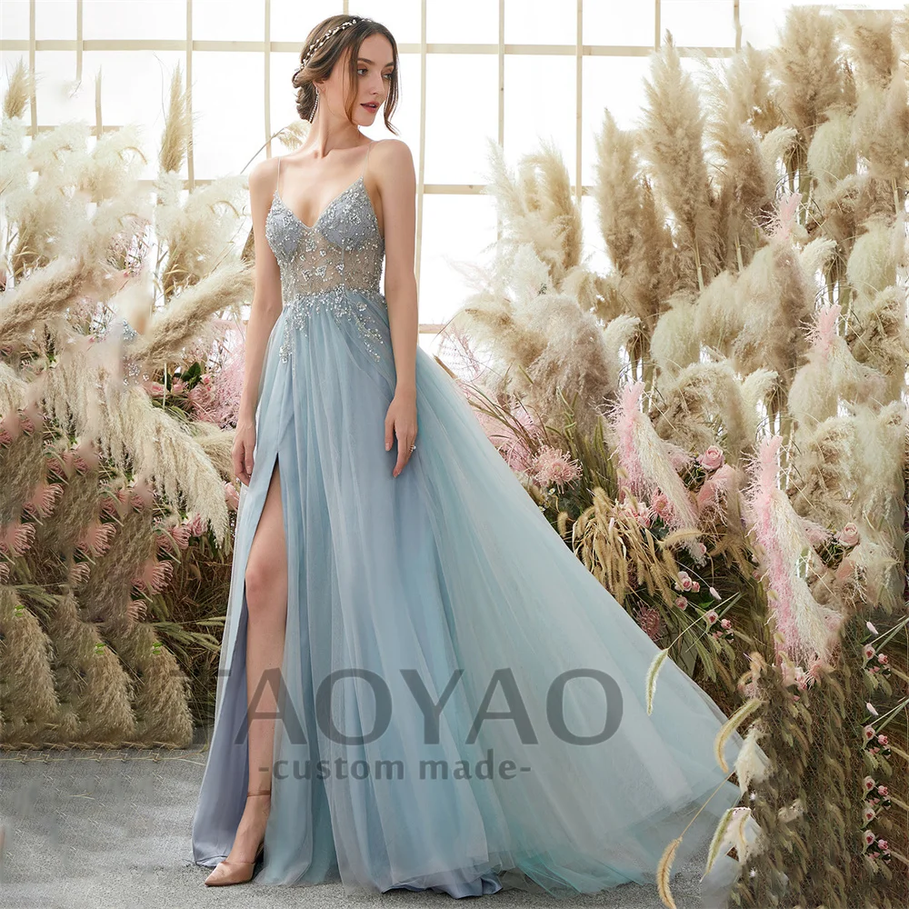 Light Blue A Line V Neck Spaghetti Strap Evening Dresses Beading Tulle Sexy Party Dresses Prom Gowns Robe De Soirée Vestido