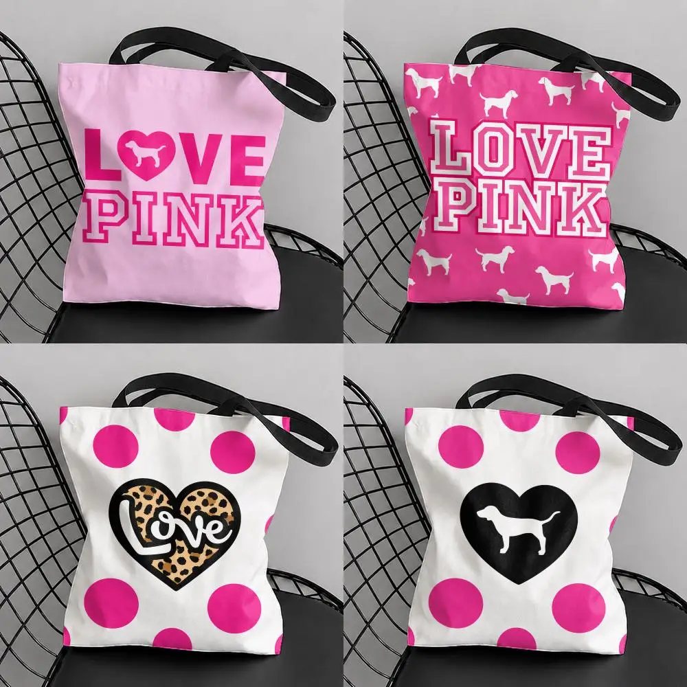Fashion Love Pink Design Storage Bags Large Capacity Canvas Tote Bag Double-Sided Print Shoulder Handbag for Daily Shopping
