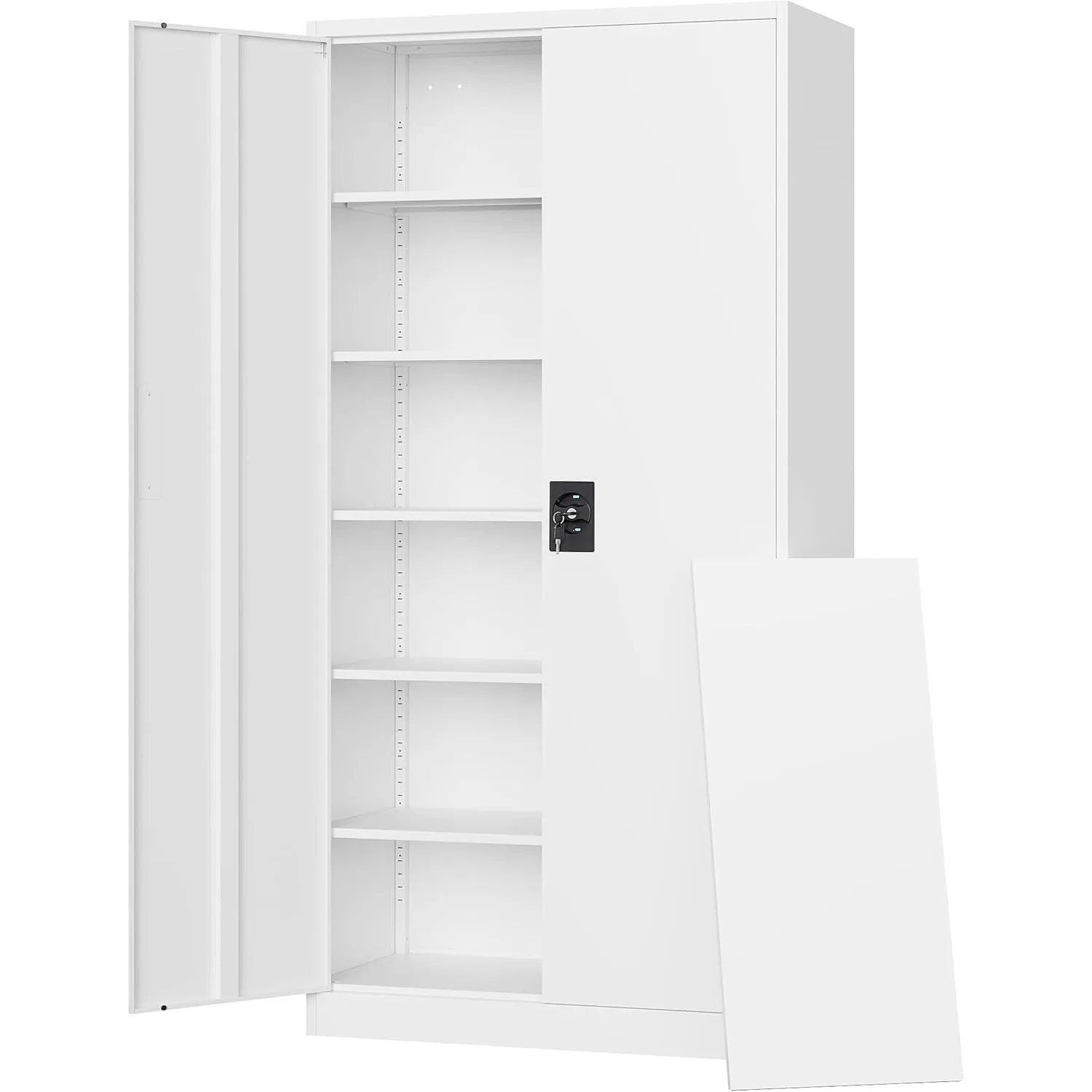 

Metal garage storage cabinet with lockable door and adjustable shelves, for home and office use (white, 71 inches high)
