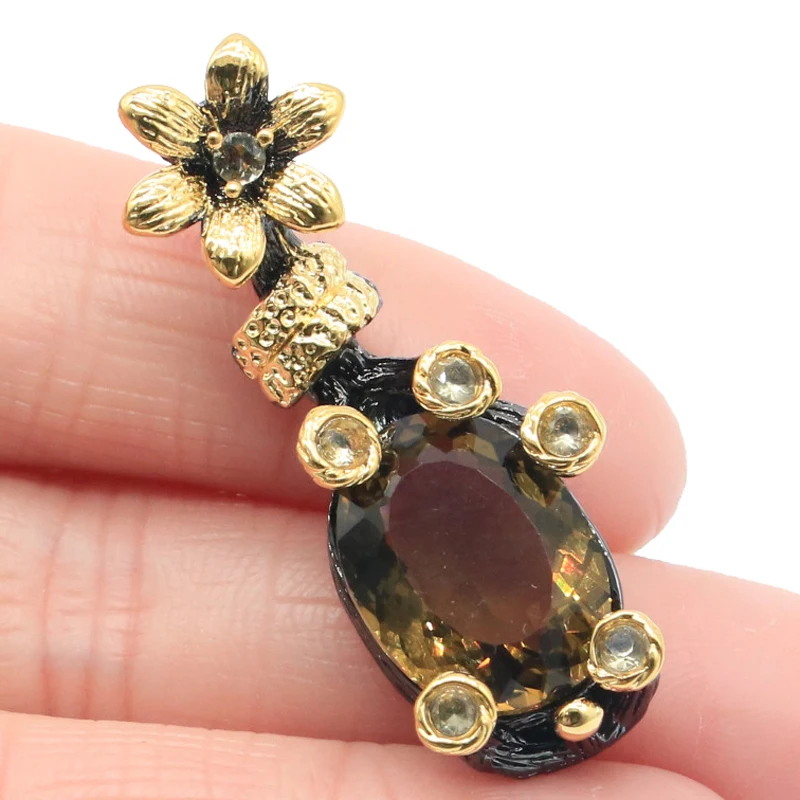 

39x15mm Vintage Blood Ruby Violet Tanzanite Pink Morganite Smokey Topaz Black Gold Metal Silver Pendant