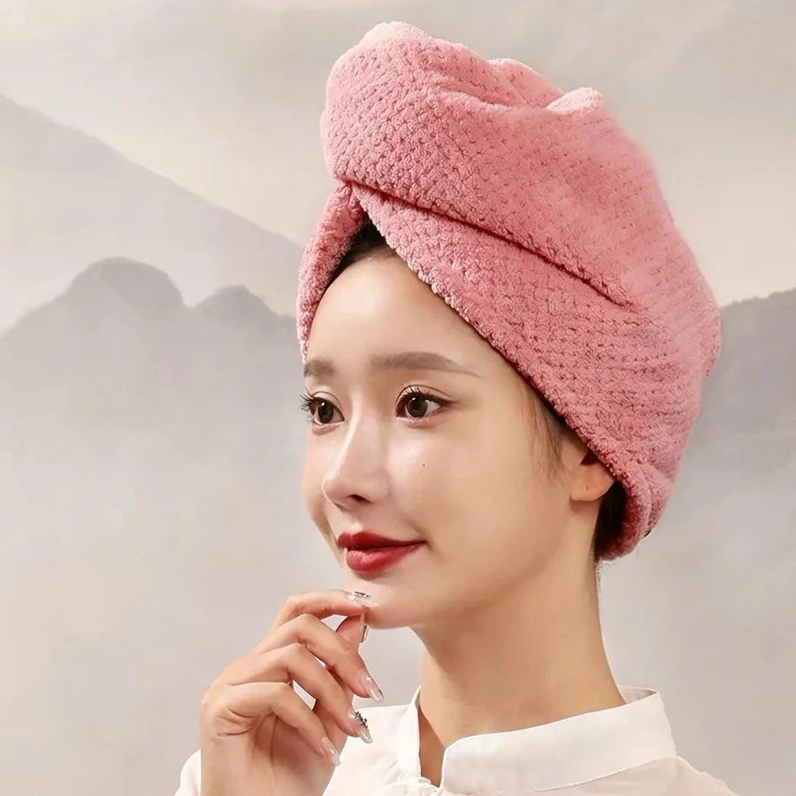 High Density Highly Absorbent Coral fleece Quick Drying Female Dry Hair Cap Double Layer Absorbent Coral Bath Cap Thick & Dense