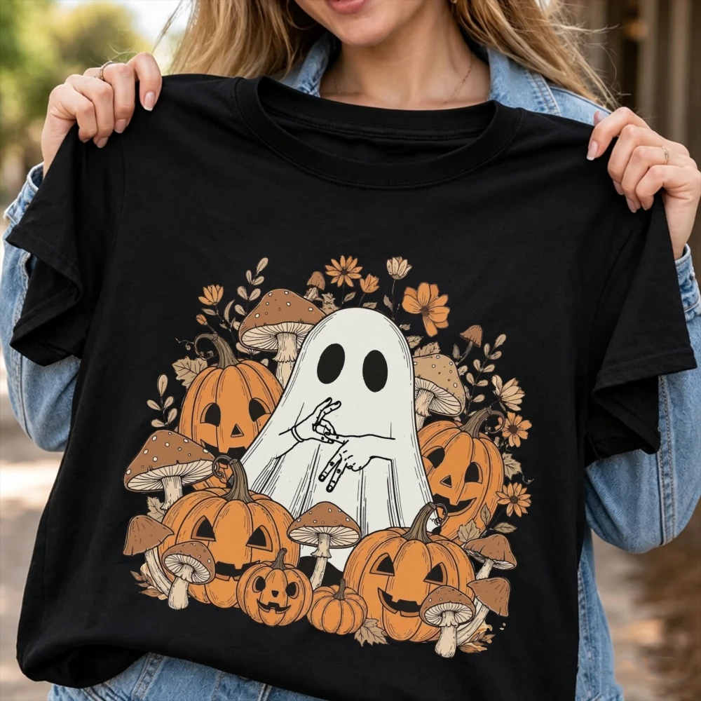 Ghost Six Seven 67 Meme Pumpkin Graphic T-Shirt Cotton Short Sleeve Unisex Men Women Halloween Spooky Cottagecore Vintage Gift