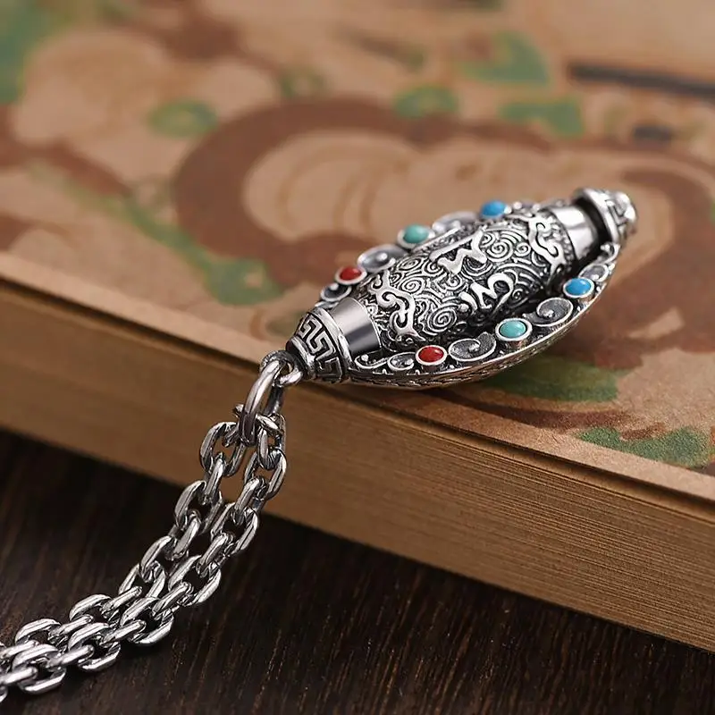 Tibetan Silver Rotatable Necklace, Six‑Syllable Mantra Dzi‑Bead Turquoise Vintage Pendant for Men Women Jewelry