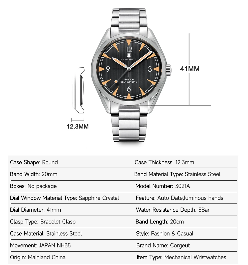 New Arrival 41mm Corgeut NH35A Movement Luxury Blue Black Automatic Men\'s Watch Sapphire Glass Date Luminous Brushed Bezel
