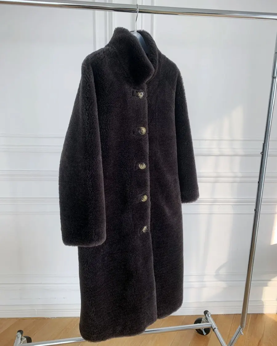 MENINA BONITA – veste longue en fourrure véritable pour femme, manteau chaud et ample, avec col montant épais, matière 2022 laine, collection hiver 100%