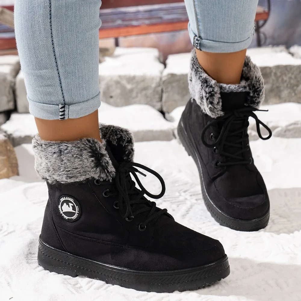Neue frauen Schnee Stiefel Winter Warm Halten Stiefeletten Casual Botas Mujer Mode Pelzigen Baumwolle Schuhe für Frauen Lace up Dame Booties
