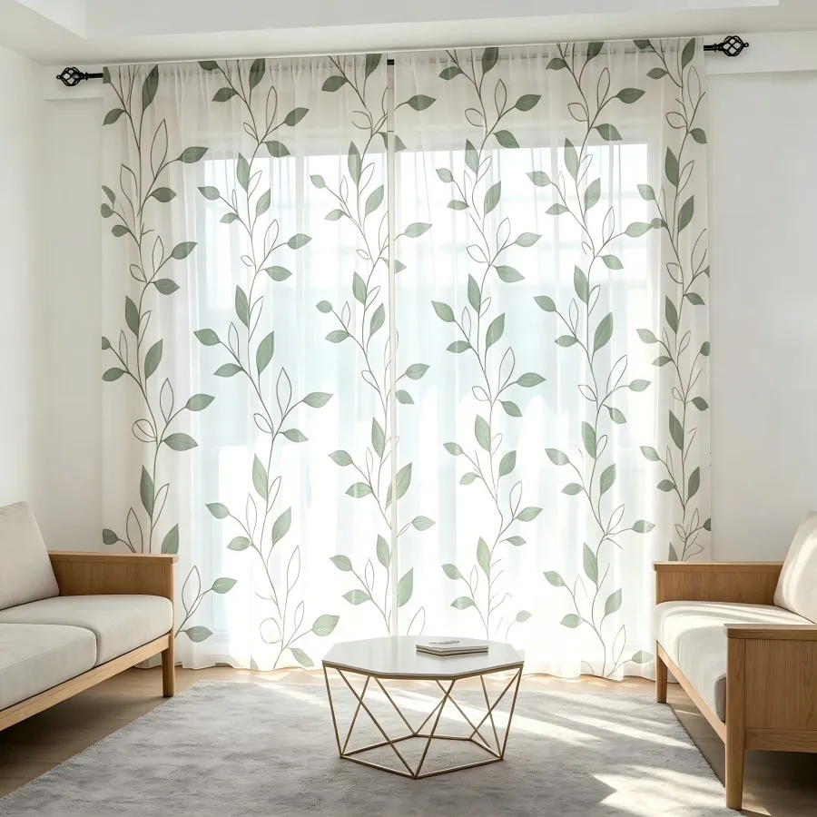 2PCS Digital Print Sheer Curtain, Vine Green Leaves Botanical Floral Nature Window Drapes for Living Room Bedroom Home Decor