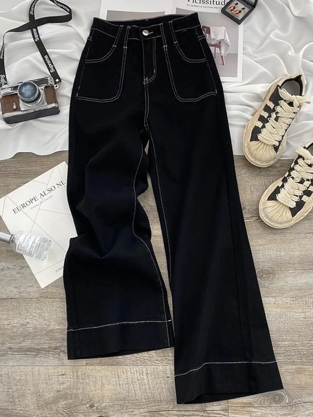 

Женские джинсы больших размеров с широкими штанинами, прямого кроя, утягивающие, с высокой талией, в корейском стиле, для повседневной носки, весна-лето