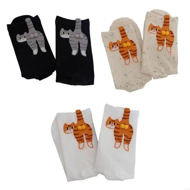L38E Lightweight Stretchy Socks 3D Cats Pattern Middle Calf Socks for Women Hosiery