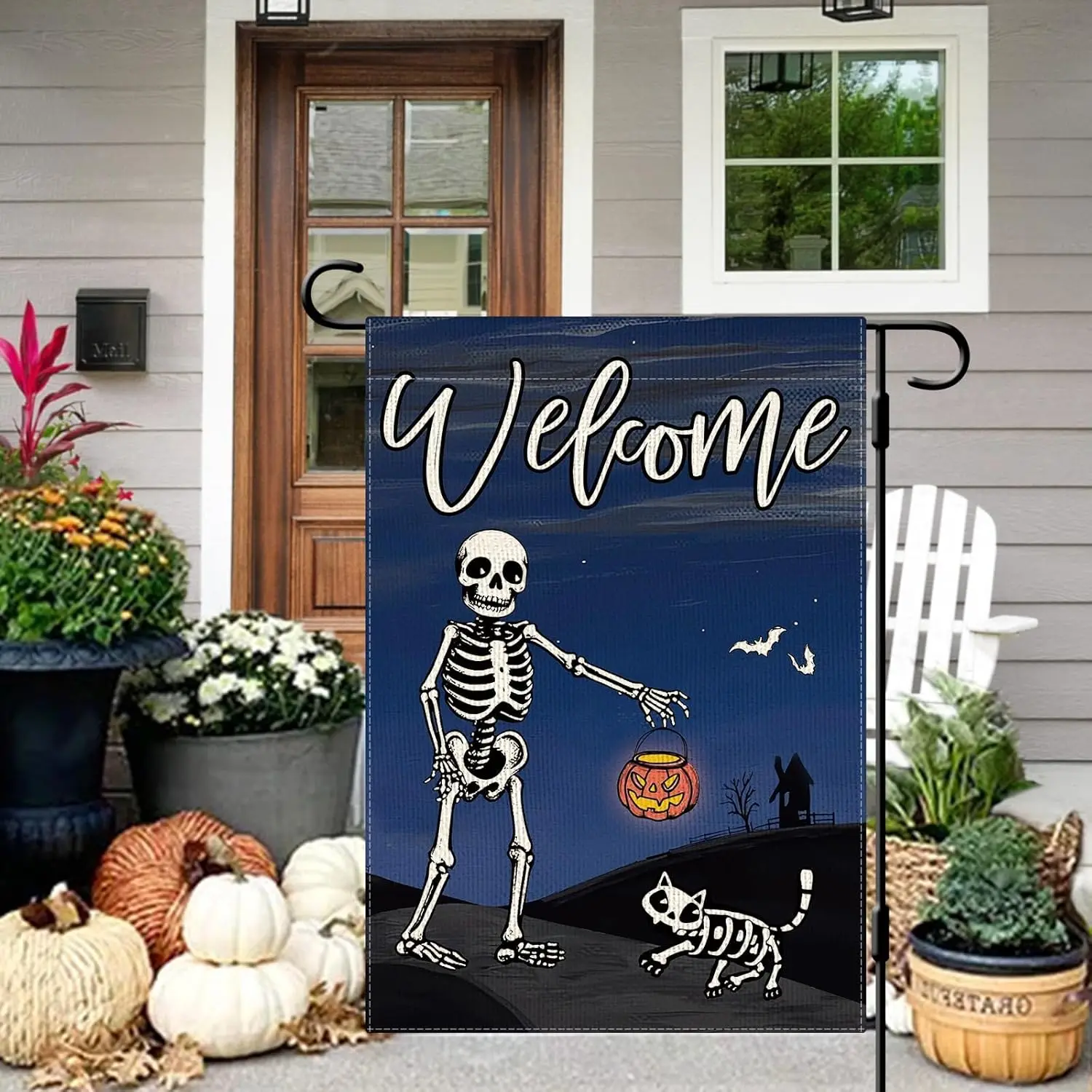 DLZDN Welcome Halloween Skeleton Garden Flag Skull Cat Flag 12×18 Inch Double Sided Vertical Burlap Farmhouse Yard Flag Seas yyi