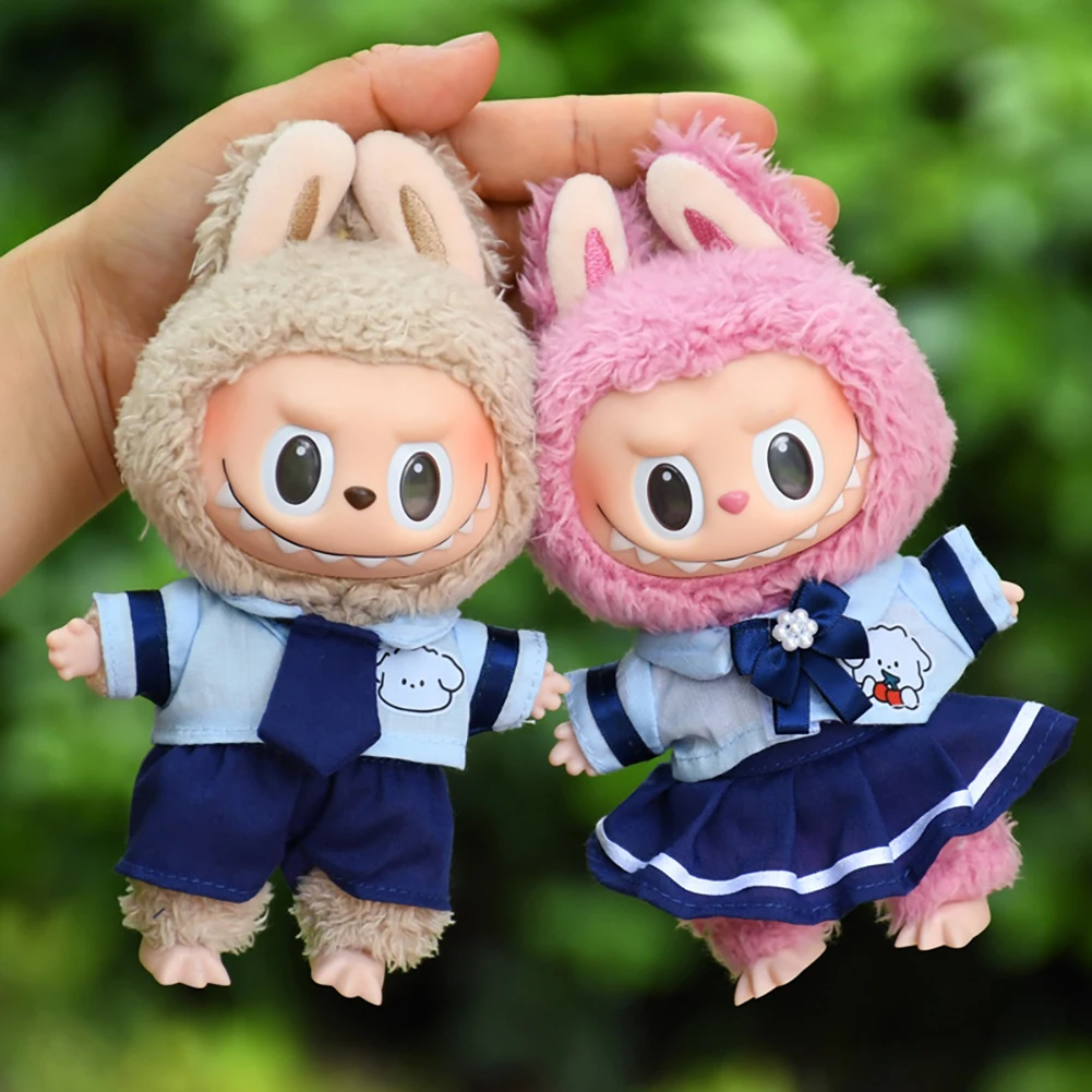 Cute Student Uniform with Overalls 17cm Blind Box Labubu Dolls Adorable Outfit  Doll accessories Doll clothes