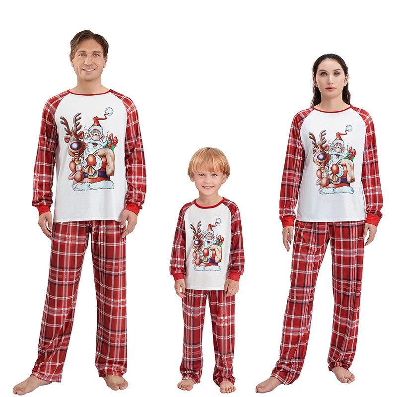 Christmas Family Matching Pajamas Reindeer Santa Claus Printed Tops Plaid Pants Sleepwear Sets for the Holidays