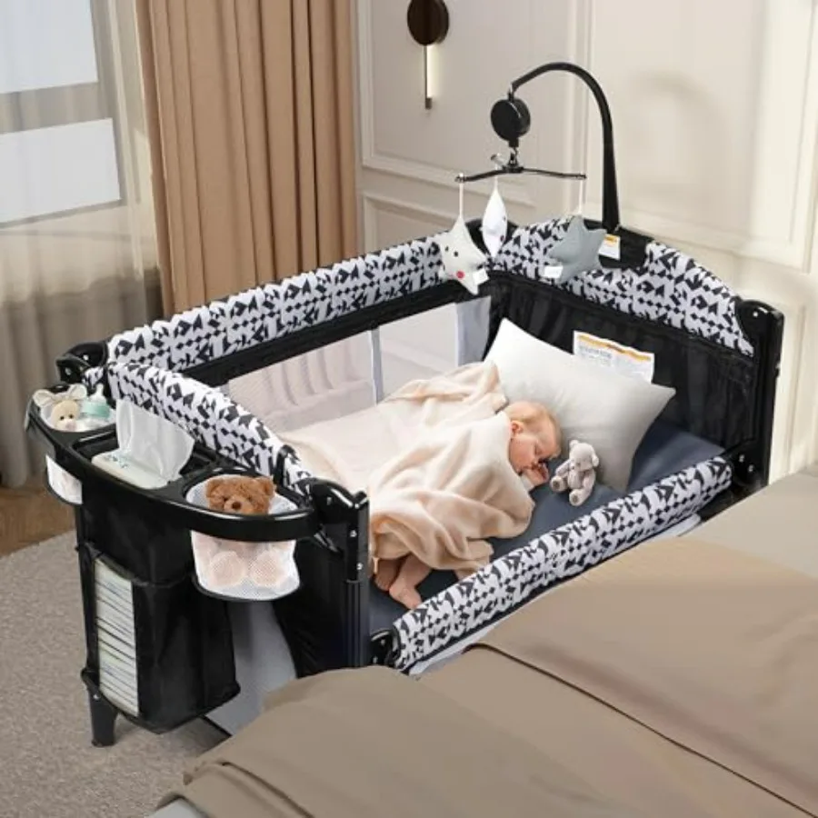 

5-in-1 Pack and Play Baby Bassinet Bedside Sleeper with Diaper Changer Storage Bag Music Box Portable Baby Crib Foldable Playar