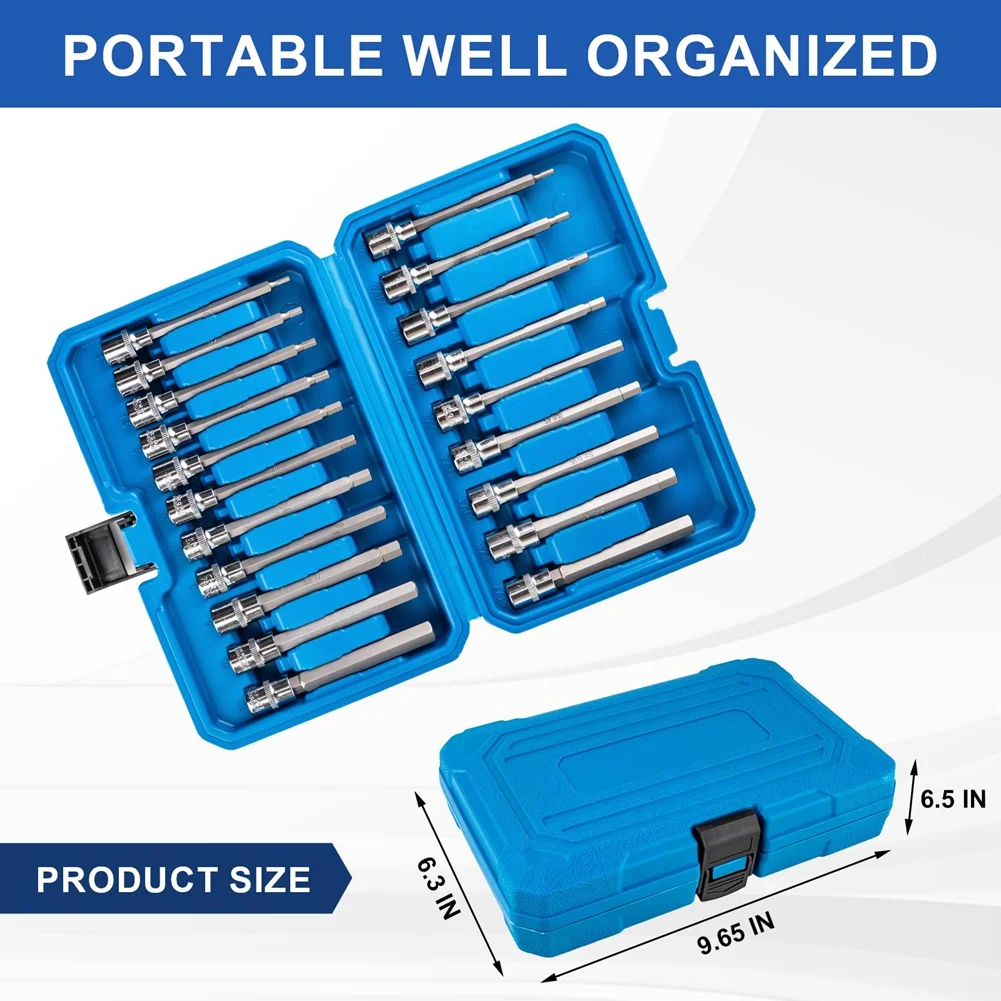 A44Z-20PCS Extra-Long Hex Bit Socket Set, 3/8 Inch Drive Hex Socket Set, SAE & Metric(1/8Inch-7/16Inch, 3-12Mm)