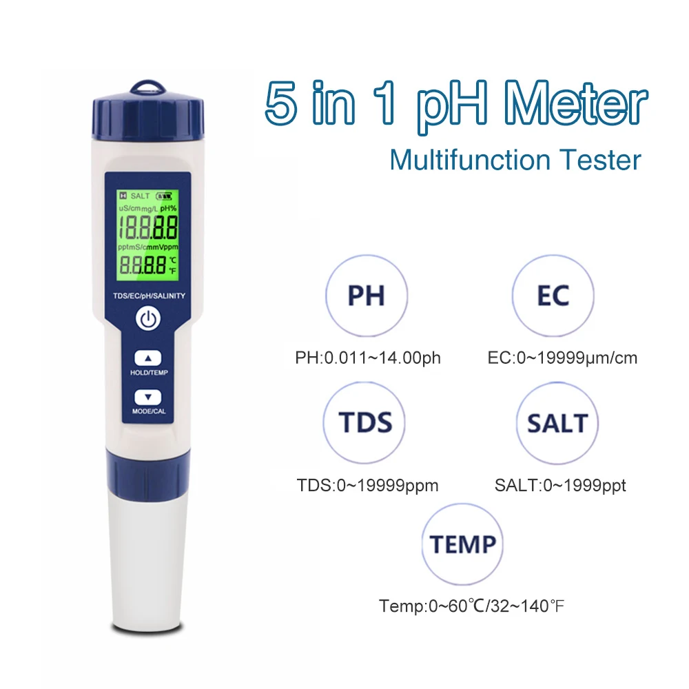 New 5 in 1 Water Quality Tester Digital LCD PH/TDS/EC/SALT/TEMP Meter EZ 9909 Monitor Tester For Pools Drinking Water Aquariums