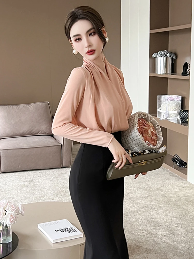 Lente Elegante Casual Kantoor Dame Shirt Voor Vrouwen 2023 Effen Zwart Wit Roze Chiffon Lange Mouw Plooien Tops Femme Losse blouses