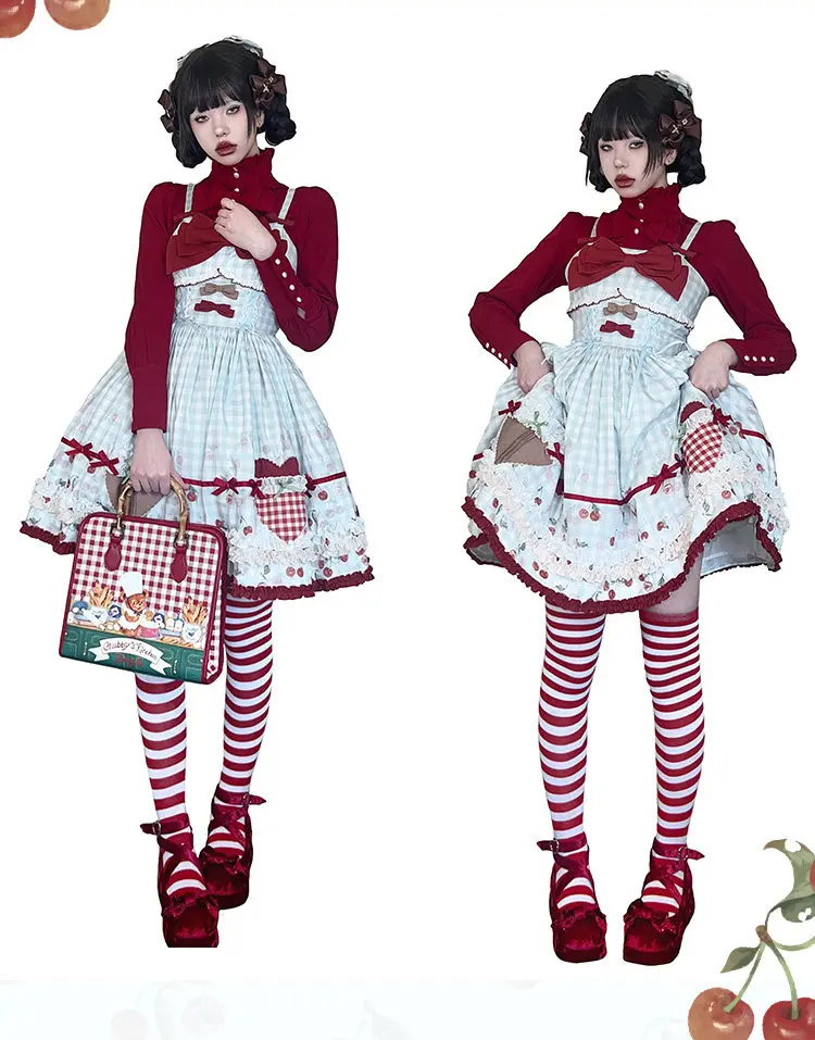 Sweet Cherry Lolita JSK Dress Light Blue Gingham Print Large Red Bow Decor Dress 2026 New Princess Puffy Dress