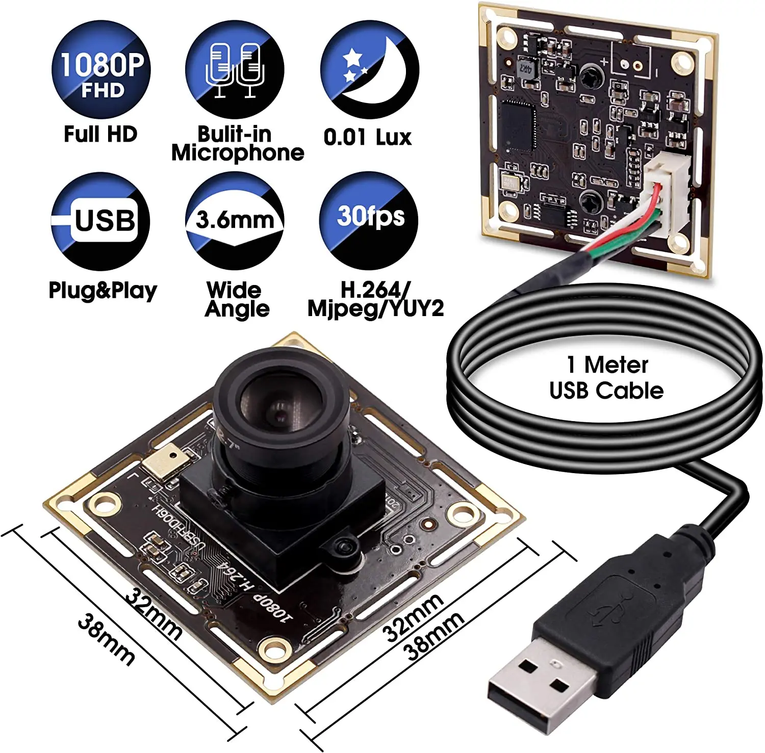 2MP IMX323 Low Light 0.01Lux 1080P Full HD H.264 Mini Usb Camera Module Machine Vision, Video Surveillance