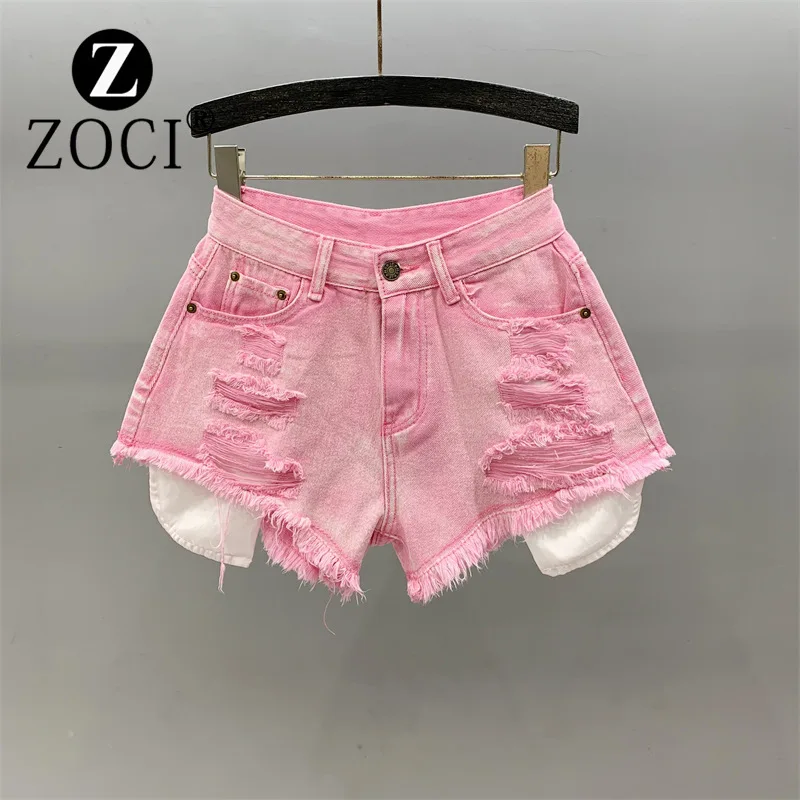 [zoci] Fashionable Beggar Ripped Denim Shorts Women Summer High Waisted Slim Looking Girl A-line Fringed Wide